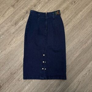 Steel Jeans Vintage Denim Midi Skirt Dark Wash High Waist Front Slit Size 9